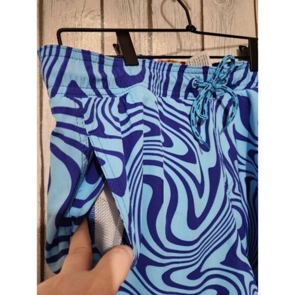 Mens Swim Trunks Medium Blue Swirl Lines Stretch Drawstring Pocket Elastic Waist - Picture 5 of 7